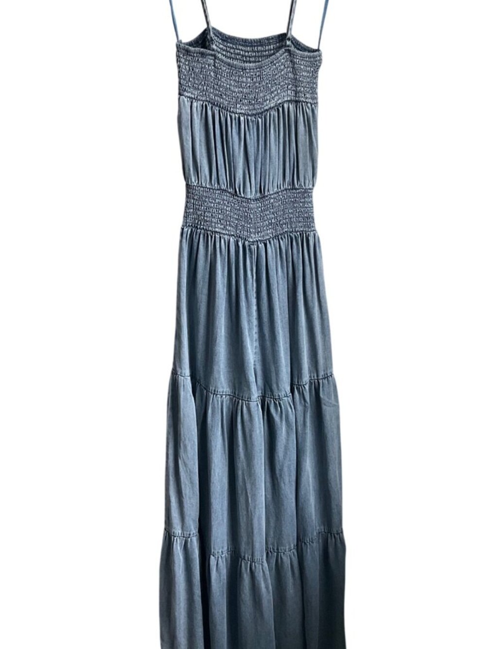 New Blue Velvet S/M Smocked Tiered Wide Leg Chambray Jumpsuit Adjustable - Picture 4 of 14